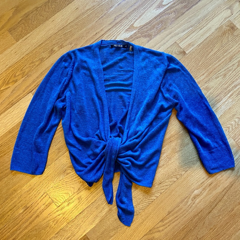 NIC + ZOE 4-way blue linen cardigan small S wrap tie open front drapy light